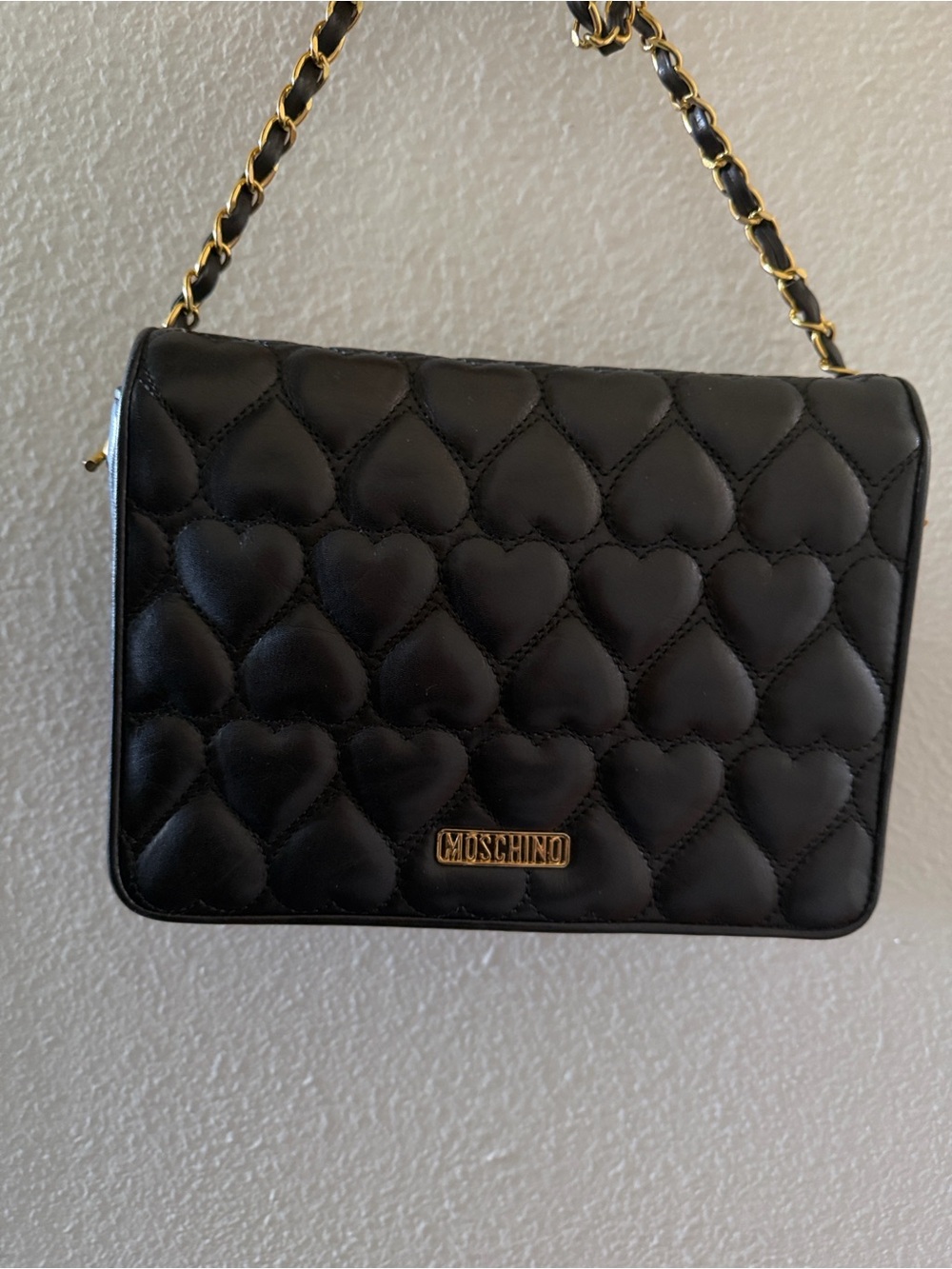 Moschino Black Quilted Heart-Pattern Shoulder Bag with Gold Chain